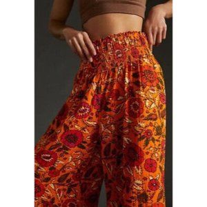 Anthropologie Women's XL Smocked Gauzy Wide Leg Pants/ Floral Orange